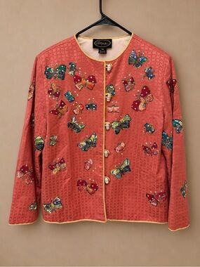 Vintage Alex Kim  Evenings Coral Butterfly Embellished Jacket